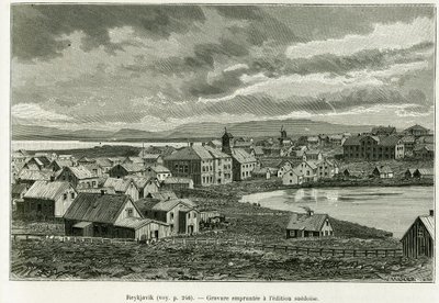 Översikt över Reykjavik. Gravyr för att illustrera historien Professor Nils Adolf Eriks (Eric) baron Nordenskjold (Nordenskiold) (1832-1901) nya expedition på Grönland, av Charles Rabot, i tour du monde 1886, under ledning av Edouard Char av Unknown artist