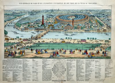 Översikt över världsutställningen 1867 i Paris. Längst ner: parken för militärskolan Champ de Mars. Gravyr Paris, Musee Carnavalet av Unknown artist
