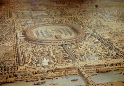 Översikt över världsutställningen 1867 i Paris. I mitten av militärskolan på Champ de Mars. Gravyr Paris, Musee Carnavalet av Unknown artist