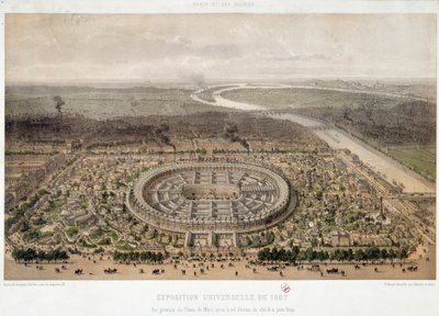 Översikt över världsutställningen 1867 från Trocadero i Paris: Champ de Mars och Ienas bron som korsar Seine. Litografi från 1800-talet. Paris, Musée d