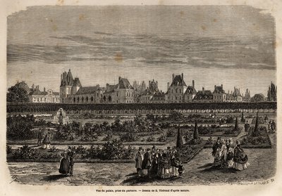 Översikt över slottet och trädgårdarna i Fontainebleau, tagen från golvet. Gravyr för att illustrera en beskrivning av slottet och skogen i Fontainebleau, 1867, av M.Pays, i "Le tour du monde, nouveau journal des voyages"" publicerad under dire av Unknown artist