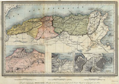 Geografisk karta över Algeriet och detaljer om provinserna Alger, Oran och Konstantin, realiserad av Amboise Tardieu av Unknown artist