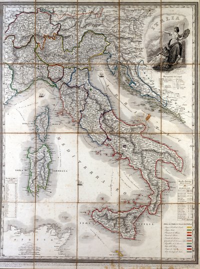 Geografisk karta över Italien 1850 med avgränsning av gränserna för de olika stater som utgjorde landet före Risorgimento. av Unknown artist