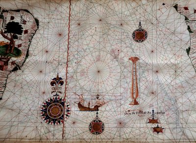 Geografi: detalj av en navigeringskarta över Luis Lazare (1500-talet) som representerar öarna i Tristan da Cunha-skärgården (eller Tristan d