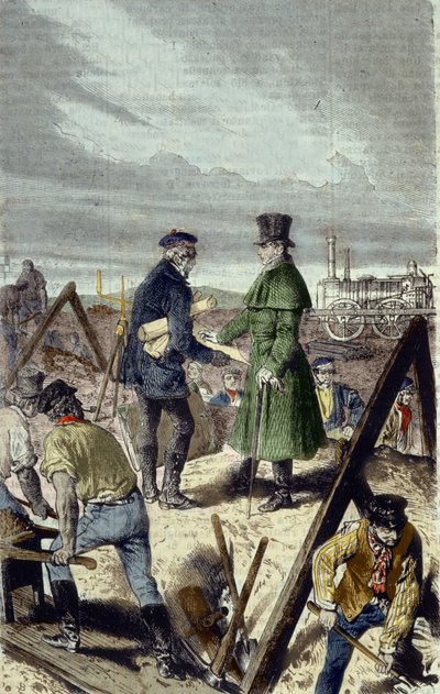 Georges Stephenson (1781-1848), engelsk ingenjör, byggare av Liverpool Manchester Road med sitt första lokomotiv. av Unknown artist