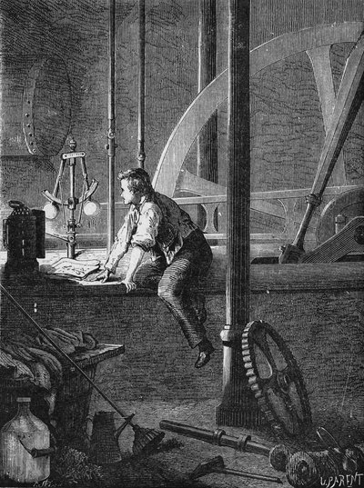 Georges Stephenson, en förararbetare i Newcastle, demonterar och reparerar sin ångmaskin. I” Album de la Science”, Éditions Jouvet av Unknown artist