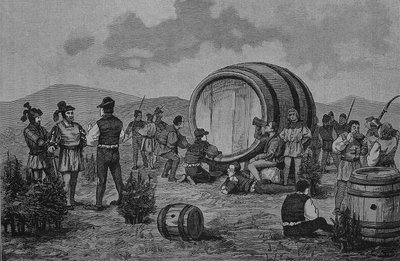 Tyska bondekriget (1524-1526): Bönder slår läger på enbuskarna med ett stort vinfat av Unknown artist