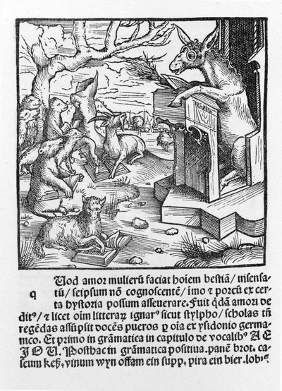 Tysk inkunabel föreställande en åsna som undervisar en klass av skogsdjur. 1490. av Unknown artist