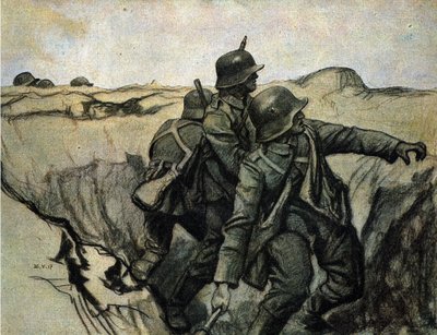 Tyska soldater kastar granater från skyttegravar mot fiendetrupper. 26/5/1917. av Unknown Artist