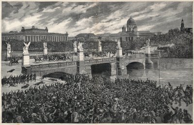 Tyska arbetare, som gör upplopp i Berlin, rensas bort av polisen för att tillåta Kaiser Wilhelms passage av Unknown artist