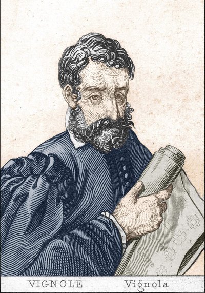 Giacomo Barozzi, som Vignola, på franska, Le Vignole, håller en plan. av Unknown artist