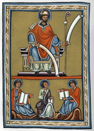 Gilbert de la Porree (Porretanus, skolastisk teolog) och hans lärjungar, Jourdain Fantosme, Yves de Chartres och Jean Beleth. 1800-talsfaksimil av en miniatyr från 1100-talet i "" Kommentar till De Trinitate de Boece"" (Boezio). Privat samling av Unknown artist