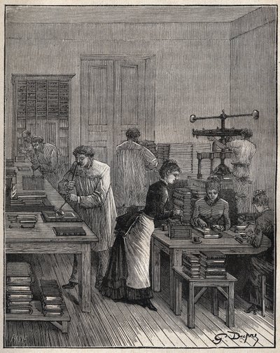 Förgyllning av böcker (omslag) i järn i en verkstad i Frankrike på 1800-talet. Gravyr från 1885 i "" Les arts et metiers illustres"" av Adolphe BITARD. av Unknown artist