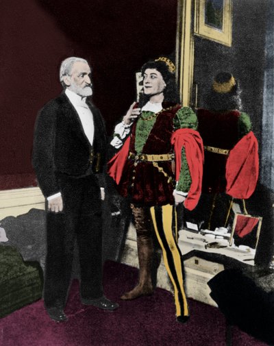 Giuseppe Verdi och Victor Maurel (i Iago) i februari 1887 på Scala i Milano efter premiären av Otello. av Unknown artist