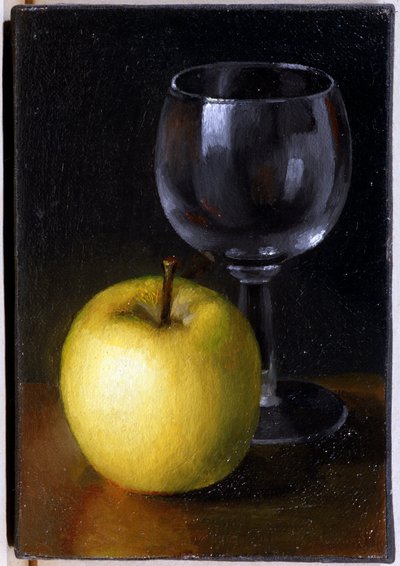 Glas och gult äpple - Stilleben, Olja på duk av Unknown artist