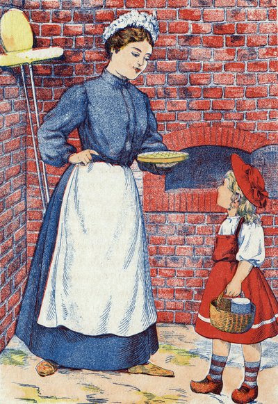 Gå och ta den där kakan och den där grytan med smör till din mormor. Anonym illustration till "Rödluvan", berättelse av Charles Perrault (1628-1703), fransk författare. Bildmaterial Marcel Vagne, Jarville Nancy, odaterat (slutet av 1800-talet). av Unknown artist