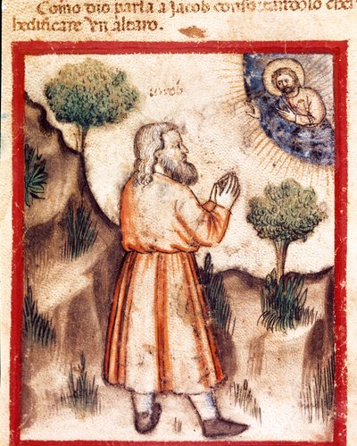 Gud ber Jakob att gå till Betel och bygga ett miniatyraltare från codex 212 (eller padovano codice eller Bible of Padua) 1390-1400 Rovigo, Accademia dei Concordi av Unknown artist