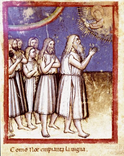 Gud välsignade Noe och hans familjs överlevande från Deluge Miniature från codex 212 (eller padovano codice eller Bible of Padua) 1390-1400 Rovigo, Accademia dei Concordi av Unknown artist