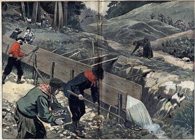 Gold Rush i Alaska: Guldsökare tvättar guldlera. En kvinna plockar upp pepiter medan nya guldsökare anländer till lägret. Illustration i "" Le Pelerin"" den 20 februari av Unknown artist