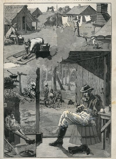 Guldsökare i Australien: fläck av gruvarbetares dagliga liv under deras vilodagar (rengöring och torkning av linne, strumpor, etc.). Gravyr från 1885 i "" Les arts et metiers illustres"" av Adolphe BITARD. av Unknown artist