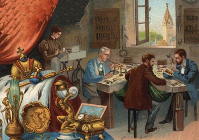 Guldsmedsverkstad, juvelerare: svetsning och mejsning av guld. av Unknown artist