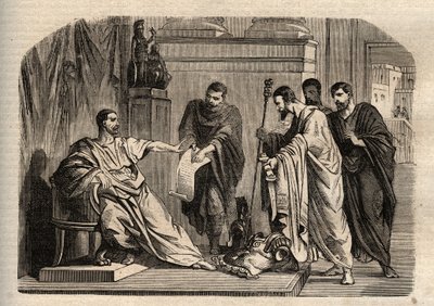 Gordian I (158-238) vägrade kejserlig värdighet - Gordianus I (Marcus Antonius Gordianus Sempronianus Romanus Africanus) vägrade den kejserliga värdigheten - gravyr i "" Dictionnaire populaire illustrious" - 1864 - av Joseph Decembre och Edmond Allonier - av Unknown artist