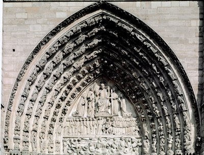 Gotisk konst: detalj av den centrala portalen till Cathedrale Notre Dame de Paris av Unknown artist