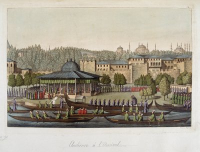 Ottomanernas regering: publik vid amiralen - i "" Den gamla och moderna kostymen"" av Ferrario, ed Milan av Unknown artist