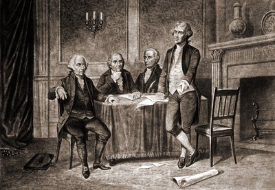 Guvernör Morris (1752-1816), med Adams, Hamilton och Jefferson. av Unknown artist