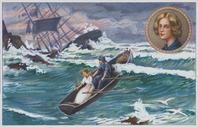 Grace Darling rodde ut med sin far för att rädda överlevande från det skeppsbrutna fartyget "Forfarshire" 1838. (chromolitho) av Unknown artist