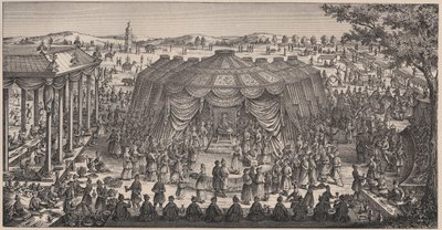 Stor bankett ges av Tamerlan (1336-1405) (eller Timur Lang, "Timur den lame") på slätten Khani Gheul för att fira hans barnbarns bröllop - Gravyr från 1800-talet av Unknown artist