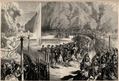 Stora tidningen den 14 augusti: Kejsar Napoleon III (1808-1873), följt av hans stab korsar Tuilerierna i Paris. Hans son, den kejserliga prinsen Eugene Louis Joseph (1856-1879), är på hans högra sida. Gravyr i "The Universe illustrious" av Unknown artist
