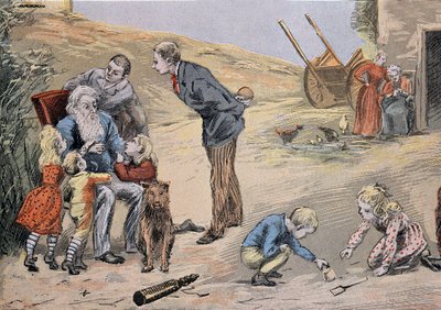 Farfar förklarar katekesen för barnen. I "" Stort album i färg för förklaringen av katekesen"" av Abbé Maucherde av Unknown artist