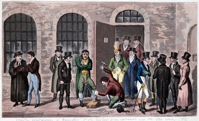 Storbritanniens fängelse: En dödsdom är knuten till Newgate-fängelset i London (omtalas ofta i Charles Dickens romaner). Gravyr omkring 1823. Bilbiotek för dekorativ konst. av Unknown artist