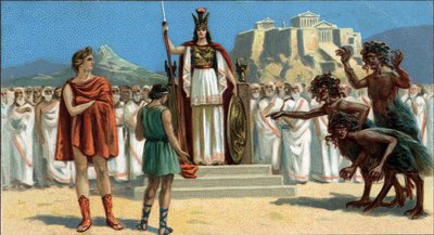 Stora grekiska tragedier: "The Orestia"" av Aischylus. Oreste framträdde inför Areopage eller Atens högsta domstol, under ordförandeskap av gudinnan Pallas Athene eller Minerva, assisterad av Apollo. Till höger är Eumenides (de tre furierna). Orestie är fr av Unknown artist
