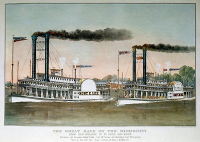 Great Steamboat Race på Mississippifloden, från New Orleans till Saint Louis (tryck från 1800-talet) av Unknown artist