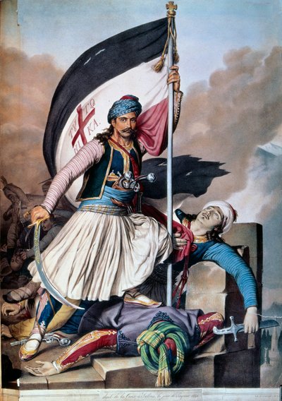 Grekiska självständighetskriget mot det osmanska riket: fanan reser sig till Salona av Nickolaki Mitropolos efter upproret 1821-03-25. Litografi av 1821. Paris, Dekorativ konst av Unknown artist