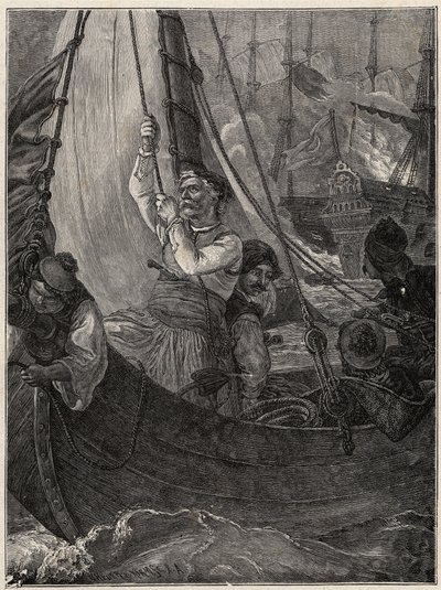 Grekiska frihetskriget 1821 - 1829: Konstantin (Konstantin) Kanaris (Konstantinos Canaris) bränner flaggskeppet för den turkiska flottan före Chios av Unknown artist