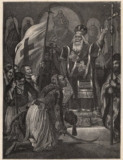 Grekiska frihetskriget 1821 - 1829: biskop Germanos (Germain) III av Gamla Patras (Georgios Gotzias) välsignar flaggan för kampen för frihet, Agia Lavra-klostret (Sainte Laure du Peloponnesos), 21 mars 1821 - gravyr efter målning av Unknown artist