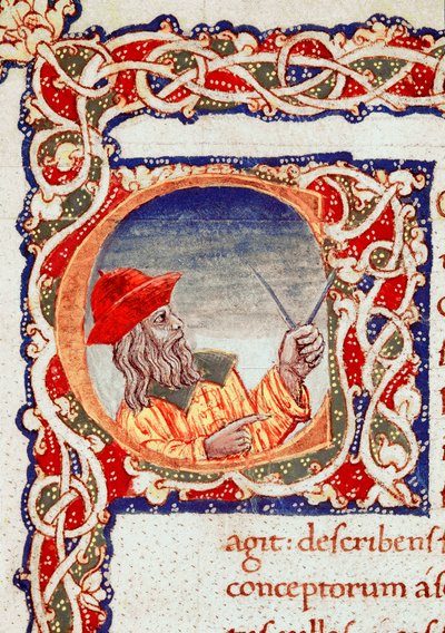 Den grekiske astronomen Claude Ptolemaee (Claudius Ptolemaeus) (omkring 90-cirka 168 e.Kr.) använder en comppas för att göra beräkningar Miniatyr hämtad från "" Cosmographia"" (Ms. V.F. 32 f.2r) Neapel, Nationalbiblioteket av Unknown artist
