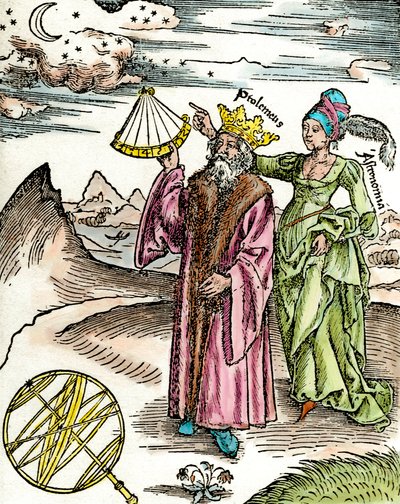 Den grekiske astronomen Claude Ptolemaeus (Claudius Ptolemaeus) (cirka 90-omkring 168 e.Kr.) med hjälp av en sextant och astronomi. Gravyr från 1503. Privat samling av Unknown artist