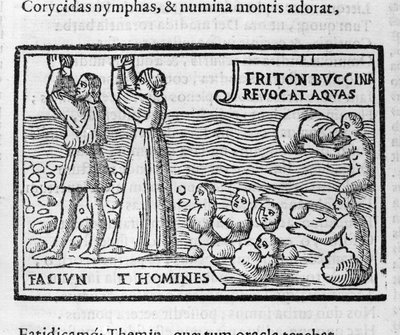 Grekisk mytologi: Deucalion och Pyrrha kastar stenar som föder människor efter syndafloden för att befolka jorden. Xylografi av 1500-talet av Unknown artist