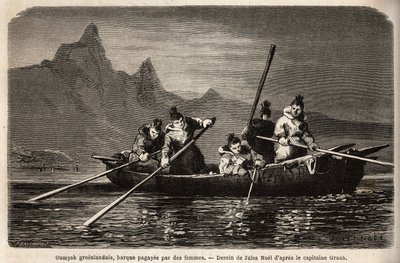 Grönland Umyak, typ av båt som drivs av kvinnor. Gravyr för att illustrera resan till den arktiska polens fria hav, av doktor Hayes, kirurg vid den amerikanska flottan, 1860-1862, publicerad i "Le tour du monde, nouveau journal des voyages", redigerad b av Unknown artist