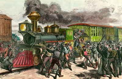 Greve på järnvägslinjen som förbinder Baltimore, Ohio. Arbetare jagar förare och ingenjörer från ett tåg på väg till Baltimore. 1877 1800-talsgravyr Privat samling av Unknown artist