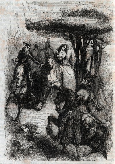 Griffon möter Origille - gravyr från 1851 från "" Furious Roland"" (Orlando furioso) (1500-talet) av Ludovico Ariosto, känd som Ariosto - Edition översatt från italienska av greven av Tressan och publicerad av Gustave Harvard 1851 av Unknown artist