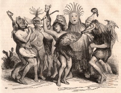 Grupp brasilianska vildar som dansar med kostymer, masker och traditionella huvudbonader av Unknown