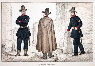 Fredens väktare (1848-1849). Etsning i färger, för illustration "" History of the Corps of Peacekeepers""" bok publicerad under beskydd av Louis Lepine (1846-1933), prefekt för polisen på Seine, av Alfred Rey (1864-?) och Louis Feron av Unknown artist