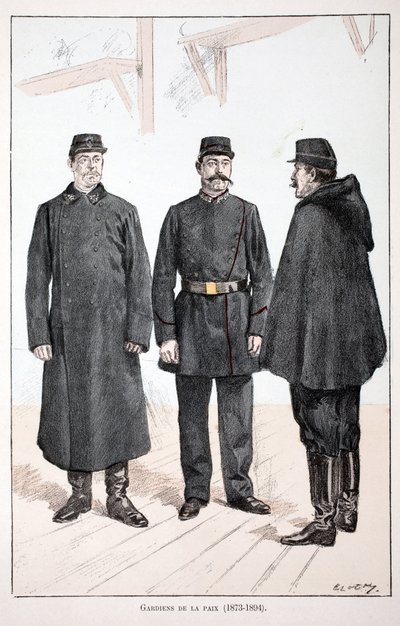 Fredens väktare (1873-1894). Etsning i färger, för illustration "" History of the Corps of Peacekeepers""" bok publicerad under beskydd av Louis Lepine (1846-1933), prefekt för polisen vid Seine, av Alfred Rey (1864-?) och Louis Feron av Unknown artist
