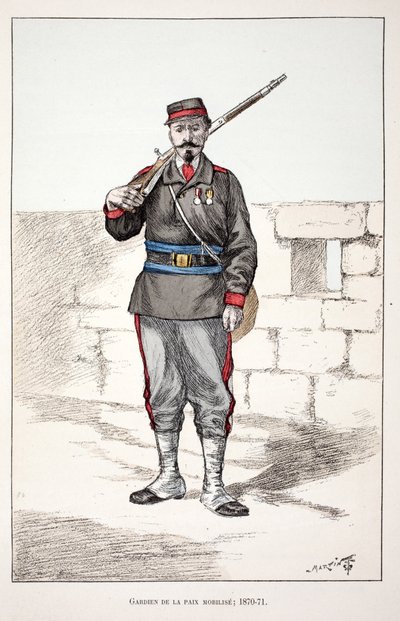 Fredens väktare mobiliserar (1870-1871). Etsning i färger, för illustration "" History of the Corps of Peacekeepers""" bok publicerad under beskydd av Louis Lepine (1846-1933), prefekt för polisen på Seine, av Alfred Rey (1864-?) och Lo av Unknown artist