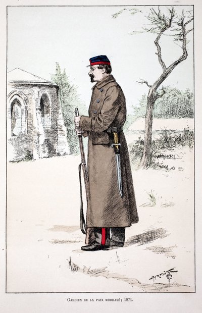 Fredens väktare mobiliserar (1871). Etsning i färger, för illustration "" History of the Corps of Peacekeepers""" bok publicerad under beskydd av Louis Lepine (1846-1933), prefekt för polisen vid Seine, av Alfred Rey (1864-?) och Louis F. av Unknown artist